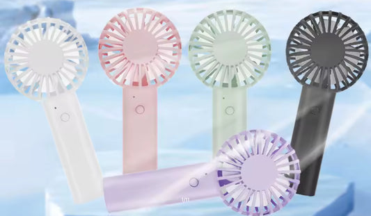 Set of five handheld fans in different colors on a light blue background